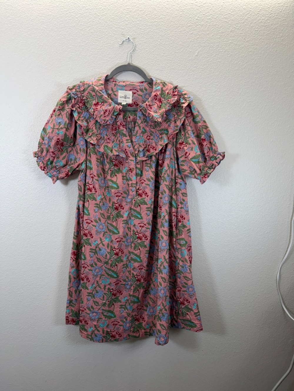 Umgee Pink Floral Ruffle Neck Casual Dress